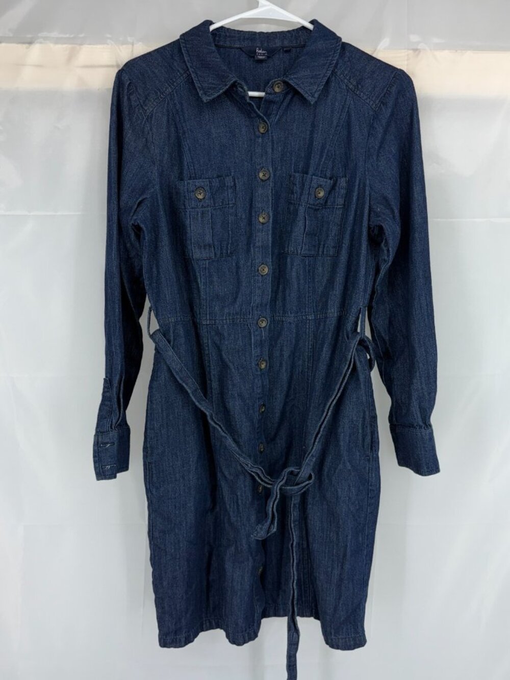 Boden Women 8 Denim Shirt Dress Blue Long Sleeve Belted Tie Waist Knee Length